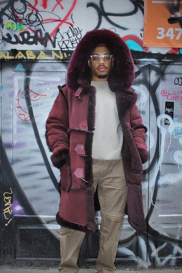 Burgundy Shearling with Burgundy Fox Collar