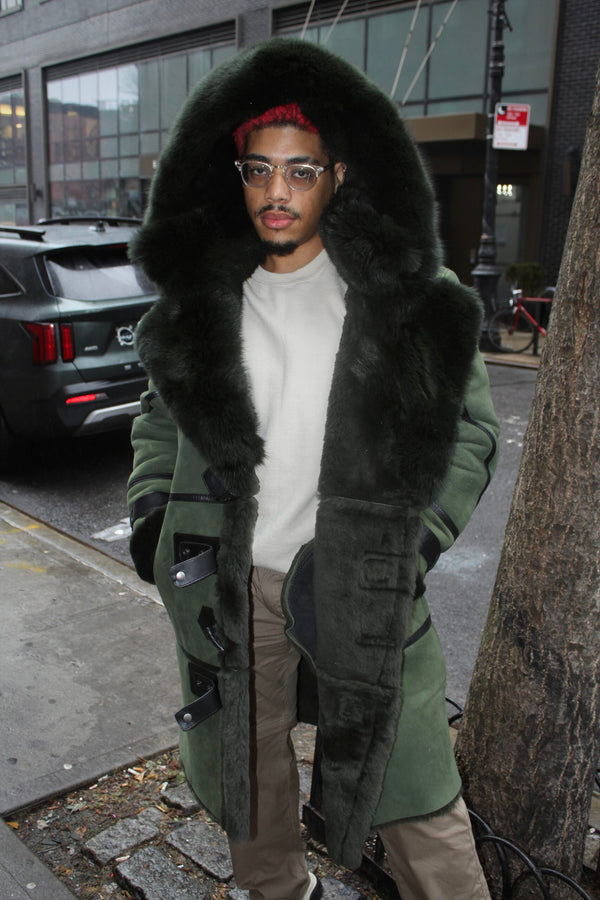 Hunter Green Shearling with Collar and Hood