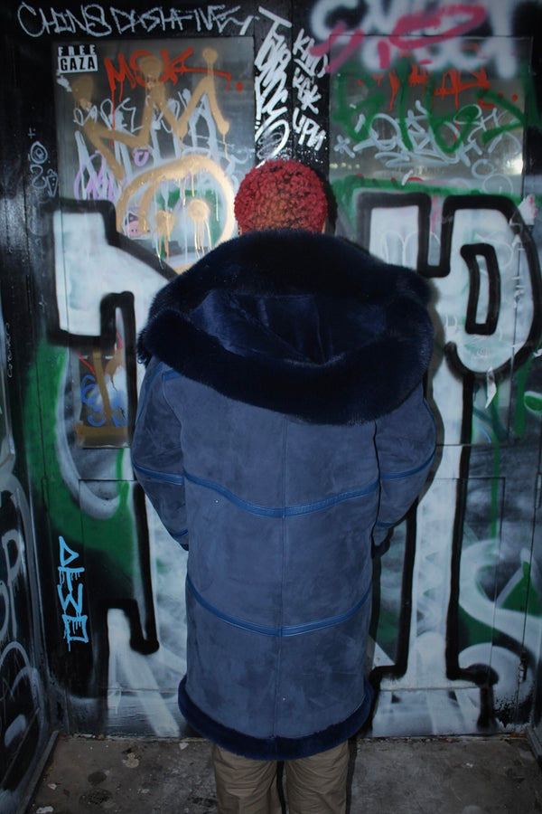 Navy Blue Shearling with Collar and Hood