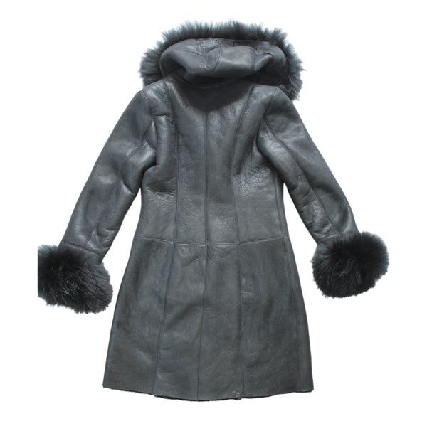 Black Shearling with Black Fox Hood and Cuffs
