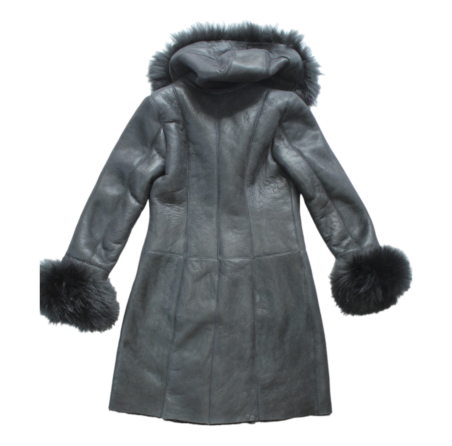 Black Shearling with Black Fox Hood and Cuffs