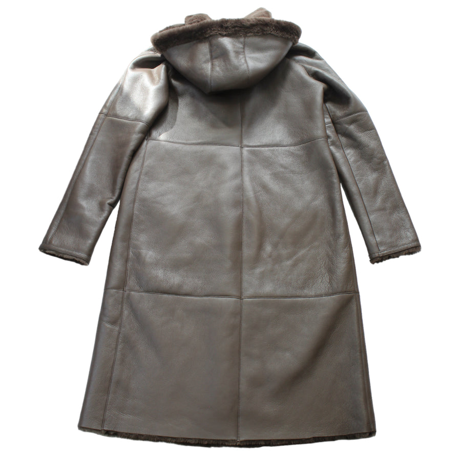 Brown Long Shearling Coat with Hood and Collar