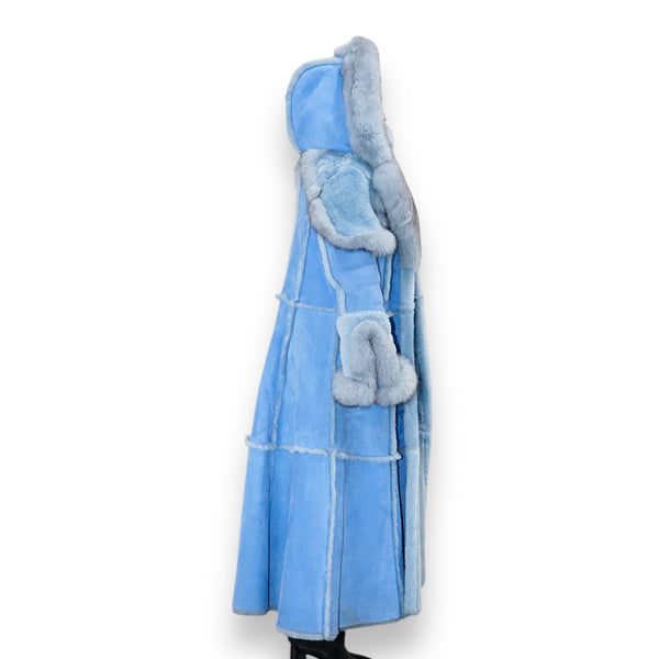 Blue Trench Coat Shearling with Blue Fox