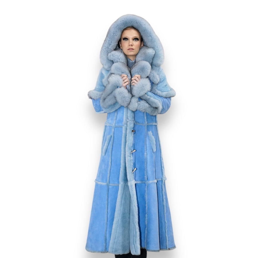 Blue Trench Coat Shearling with Blue Fox