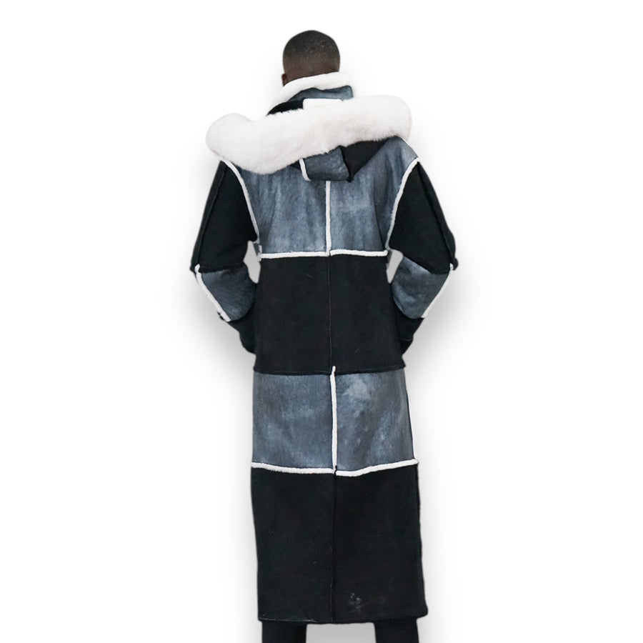 Black and Grey Shearling with White Fox Hood