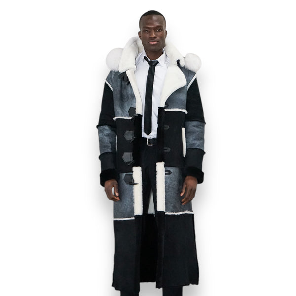 Black and Grey Shearling with White Fox Hood