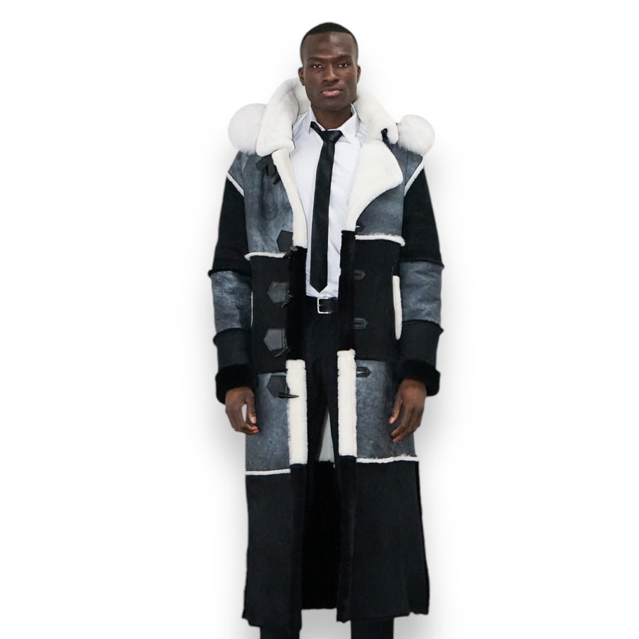 Black and Grey Shearling with White Fox Hood