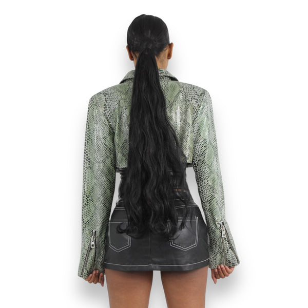 Snake Print Cropped Leather Jacket
