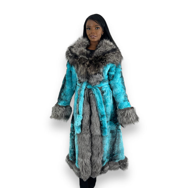 Long Rabbit Coat with Fox Trimming