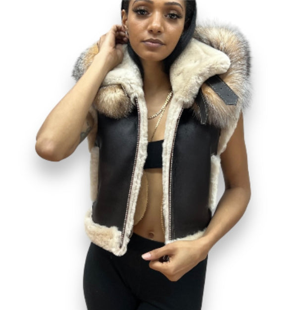 Ana Cropped Shearling Vest with Hood and Fox Collar