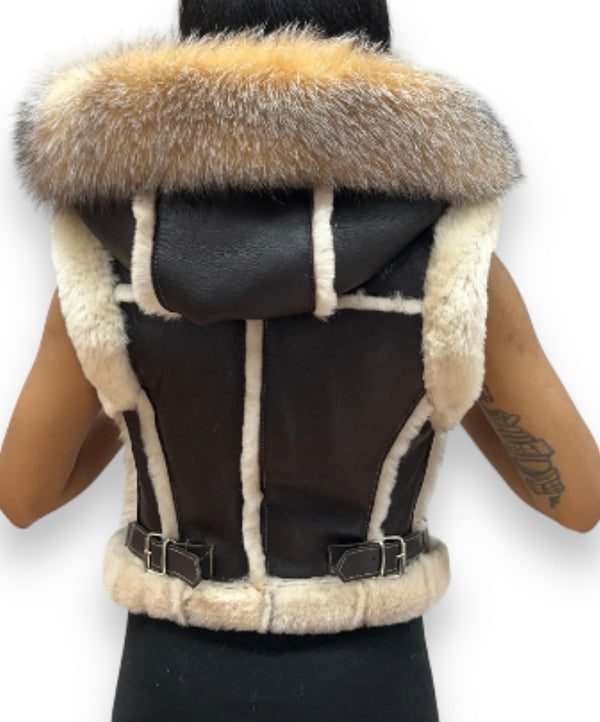 Ana Cropped Shearling Vest with Hood and Fox Collar