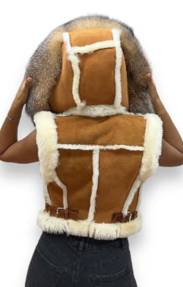 Ana Cropped Shearling Vest with Hood and Fox Collar
