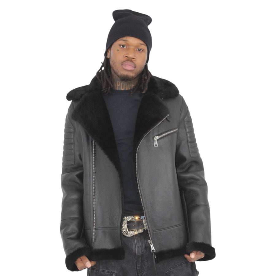 Basic Black Shearling with Chest Zipper