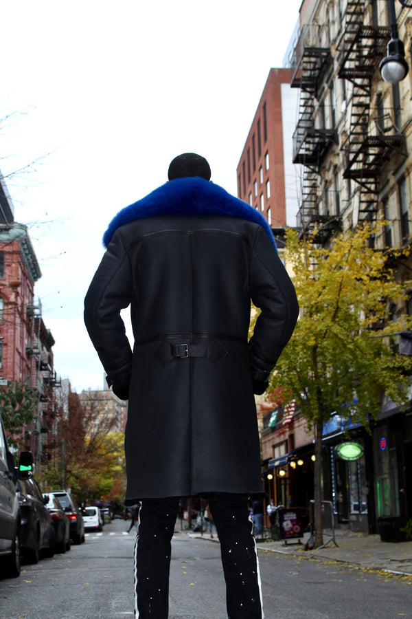 Shearling Coat with Blue Fox Collar