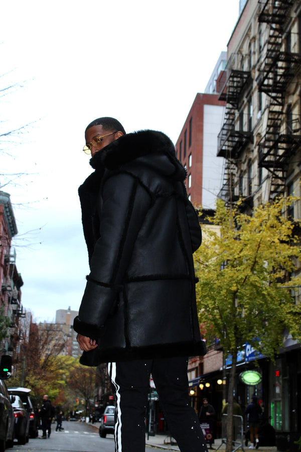 Black Reverse Panel Shearling with Hood