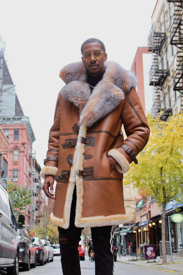 Brown Shearling with Crystal Fox Collar and Hood