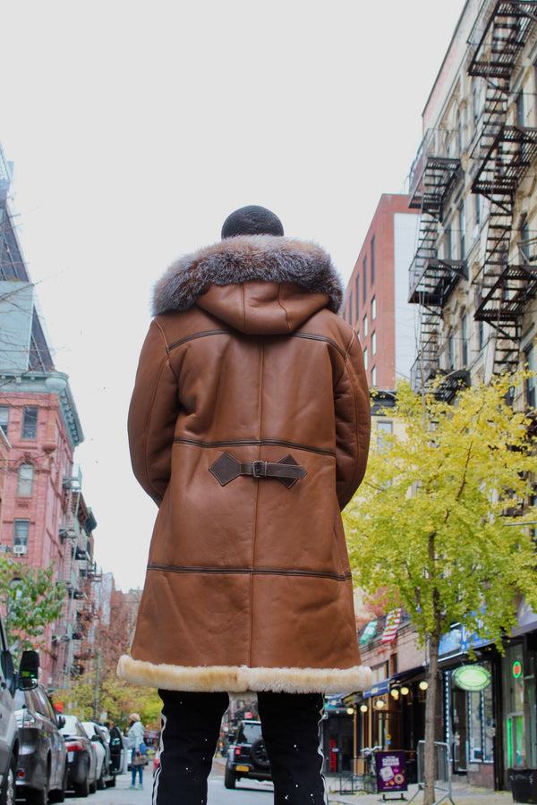 Brown Shearling with Crystal Fox Collar and Hood
