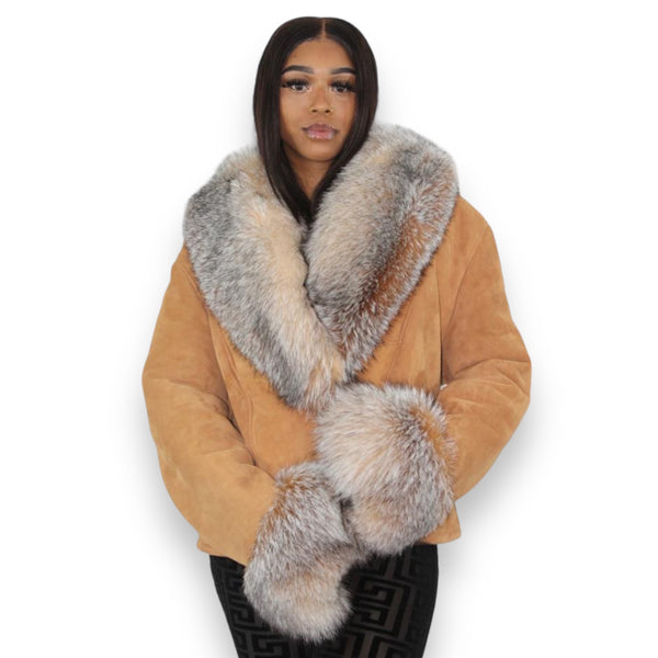 Cropped Short Shearling with Real Fox Trimming
