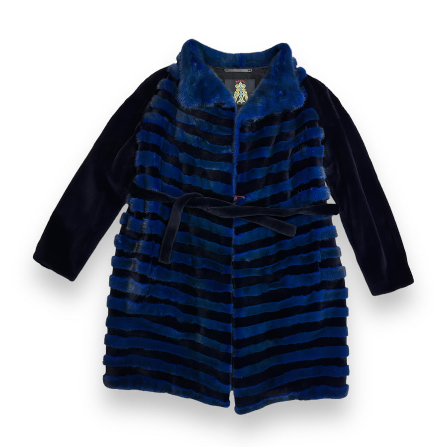 Blue and Black Mink Combo Coat with Blue Collar