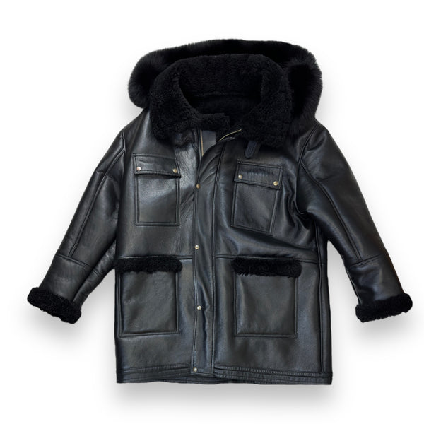 Black Shearling with Hood and Pockets