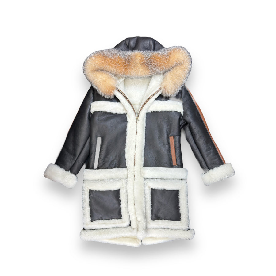 Black Shearling with Crystal Fox Hood