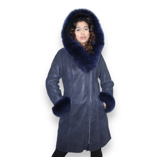 Shearling with Blue Fox Hood and Cuffs