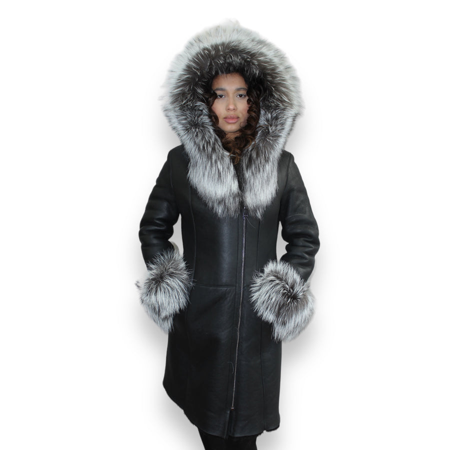 7/8 Black Shearling with Silver Fox Hood and Cuffs