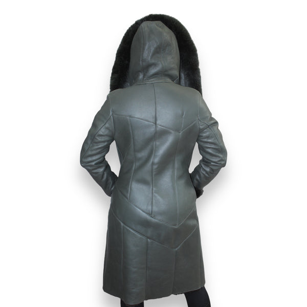 7/8 Green Shearling with Fox Hood and Middle Lining