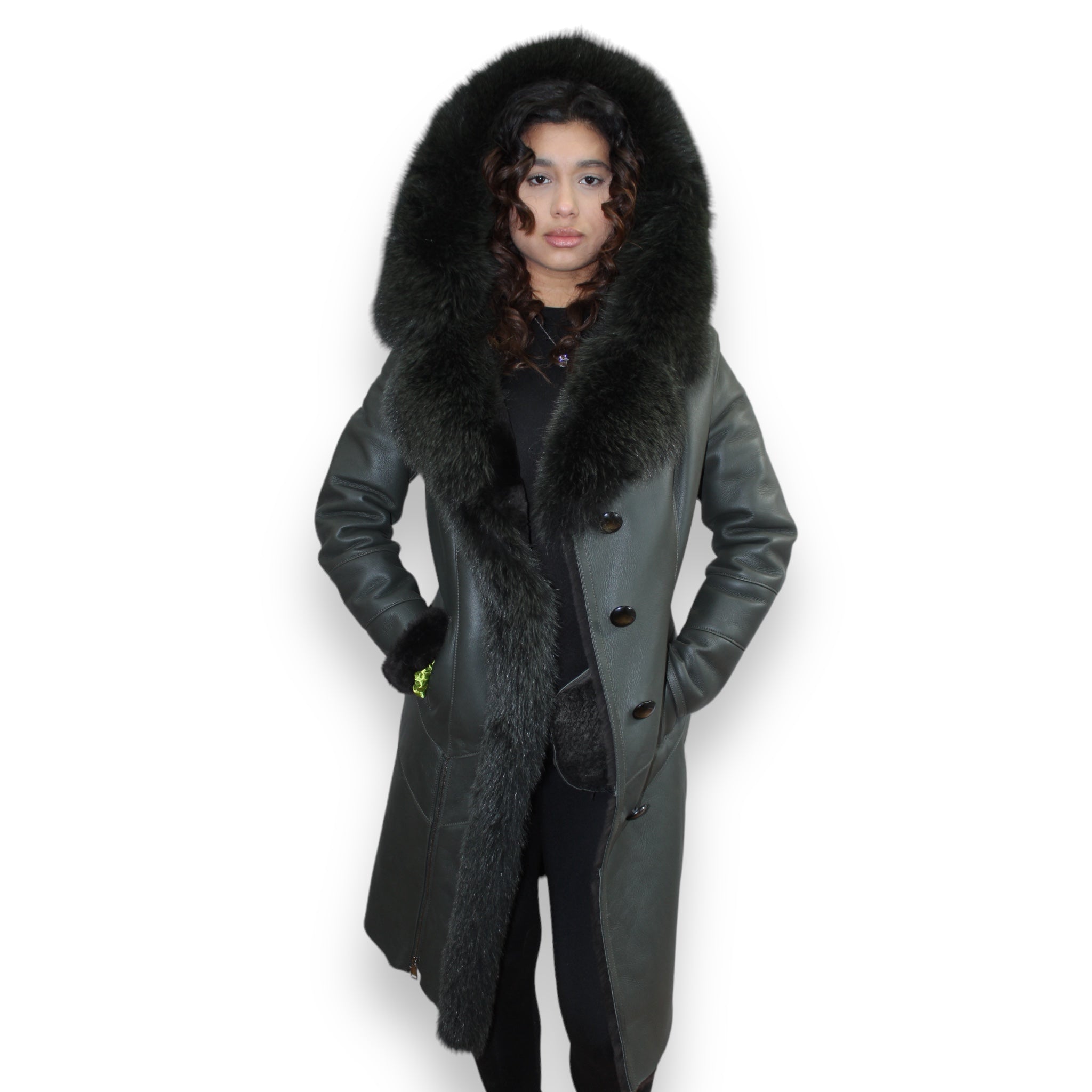 7/8 Green Shearling with Fox Hood and Middle Lining – Daniel's Leather