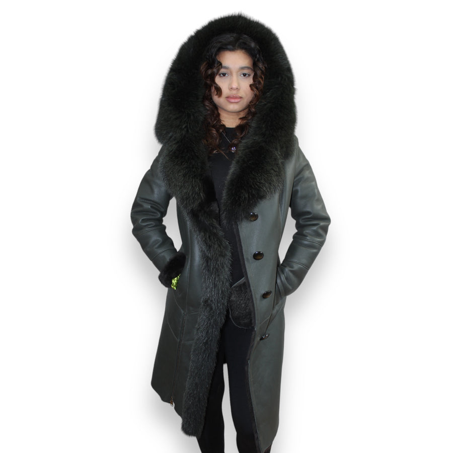 7/8 Green Shearling with Fox Hood and Middle Lining