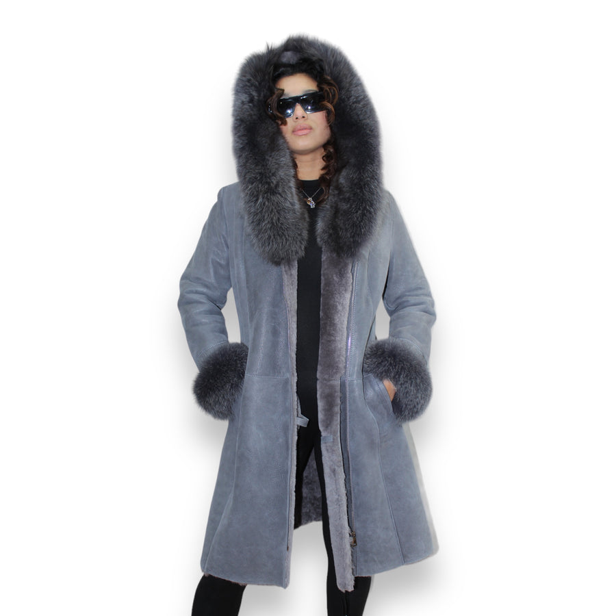 Shearling with Grey Fox Hood and Cuffs
