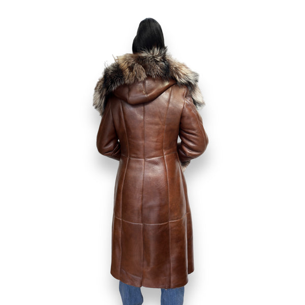 Tan Shearling with Crystal Fox Hood and Cuffs