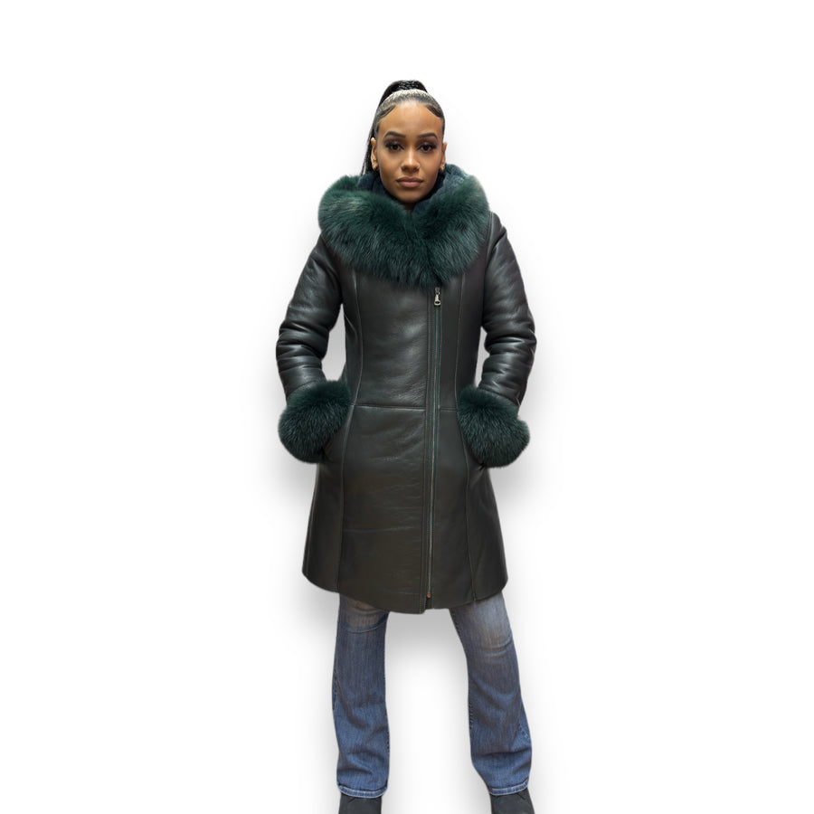 Green Shearling with Fox Hood and Cuffs
