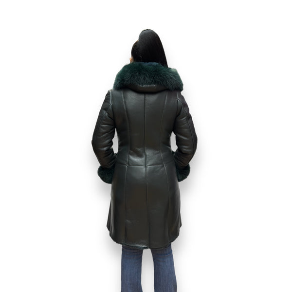 Green Shearling with Fox Hood and Cuffs