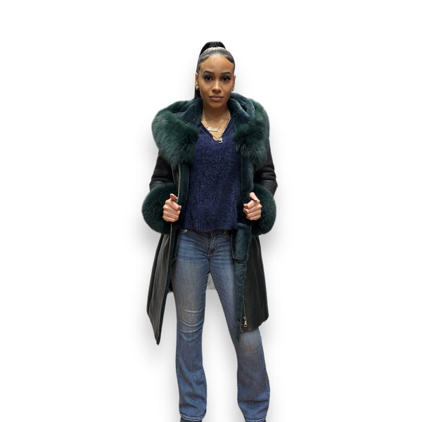 Green Shearling with Fox Hood and Cuffs