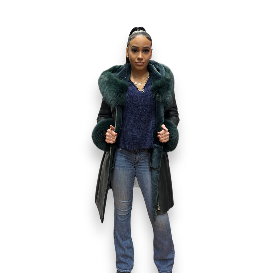 Green Shearling with Fox Hood and Cuffs