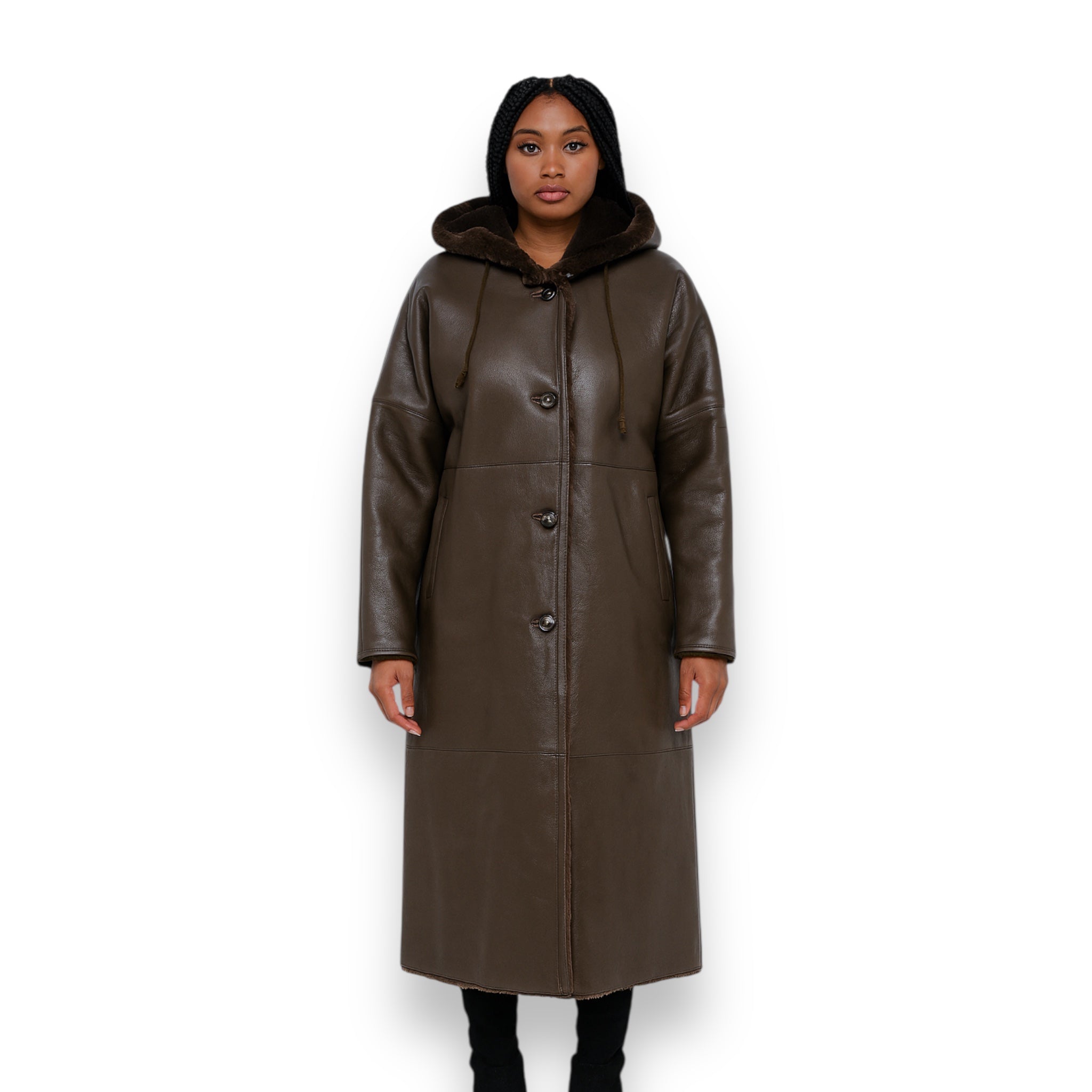 7/8 Green Shearling with Fox Hood and Middle Lining – Daniel's Leather