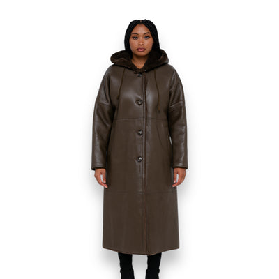 Brown Long Shearling Coat with Hood and Collar