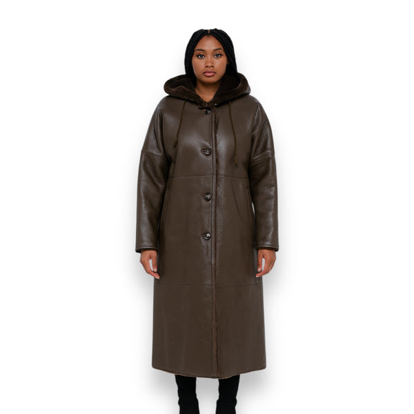 Brown Long Shearling Coat with Hood and Collar