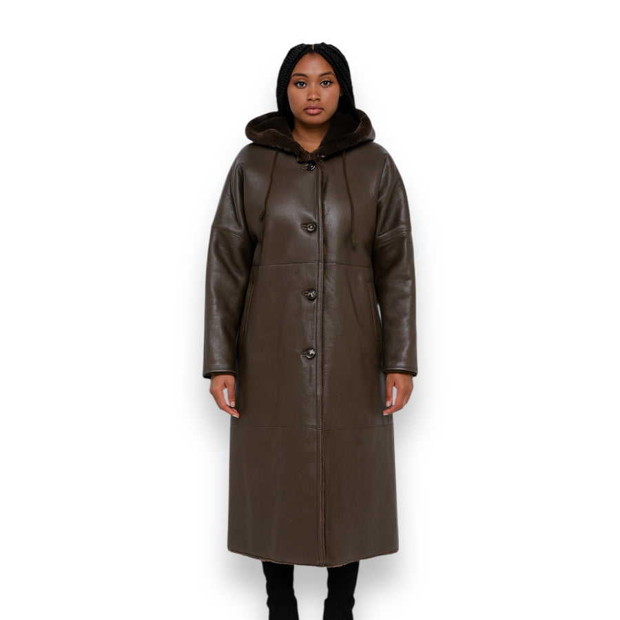 Brown Long Shearling Coat with Hood and Collar