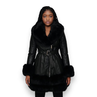 3/4 Faux Leather Jacket with Faux Fox