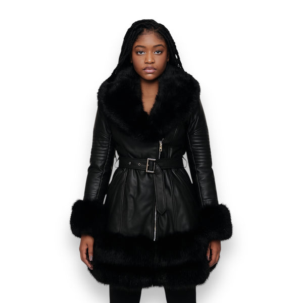 3/4 Faux Leather Jacket with Faux Fox