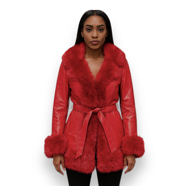 3/4 Faux Leather Jacket with Faux Fox Outline