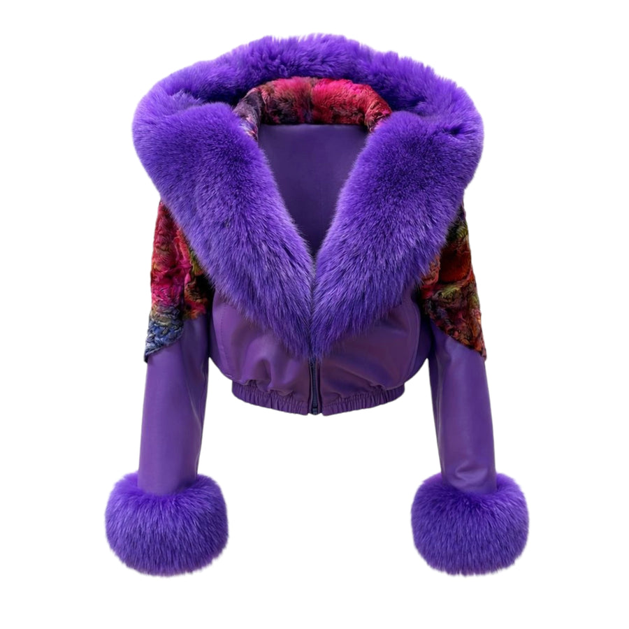 Cropped Persian Lamb and Leather Simon with Fox Collar
