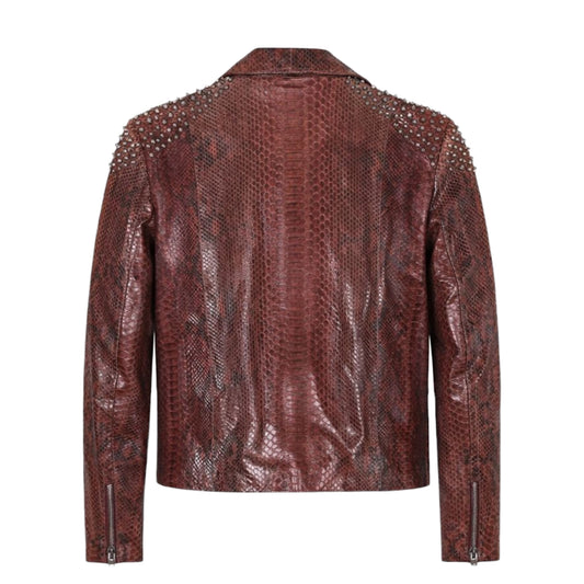 Red Biker Style Full Skin Python Jacket with Spikes