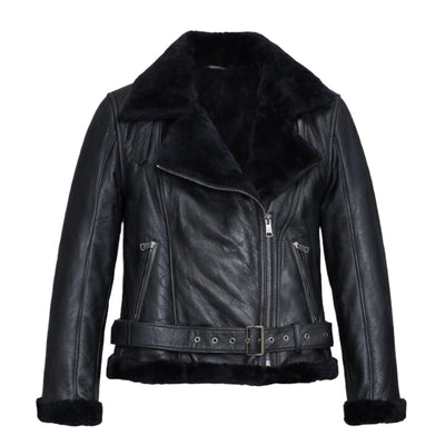 Black Leather Biker Shearling with Collar