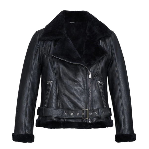Black Leather Biker Shearling with Collar