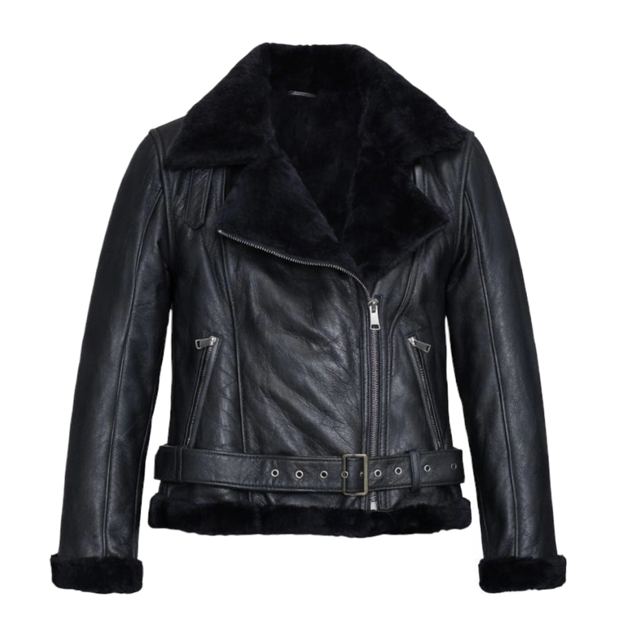 Black Leather Biker Shearling with Collar