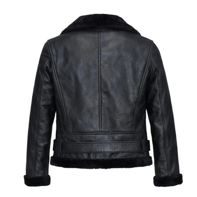 Black Leather Biker Shearling with Collar