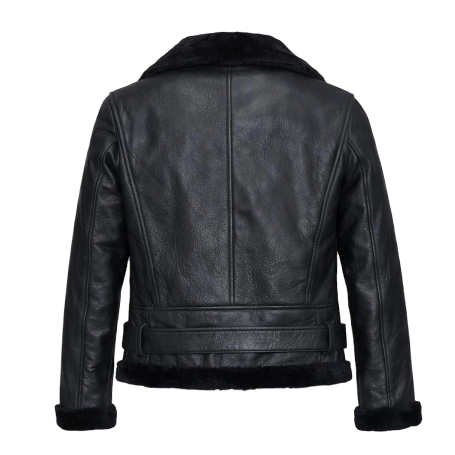 Black Leather Biker Shearling with Collar